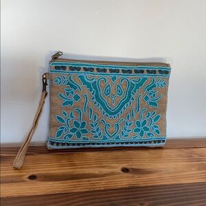 lovestitch Turquoise Embroidered Tan Wristlet Clutch